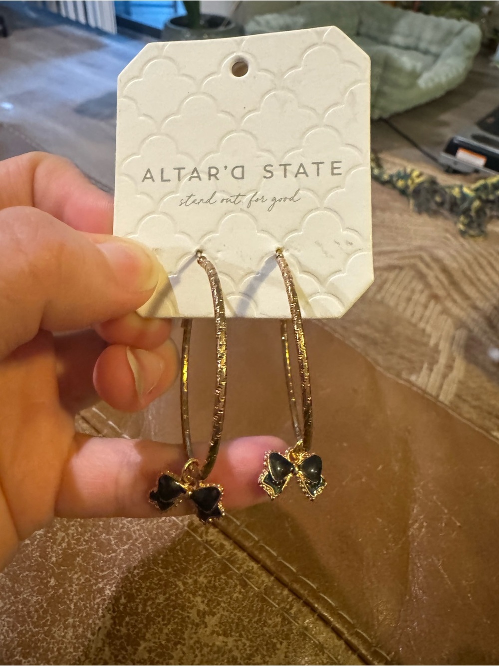 Altar'd State Gold Hoop Earrings with Black Bow Charms